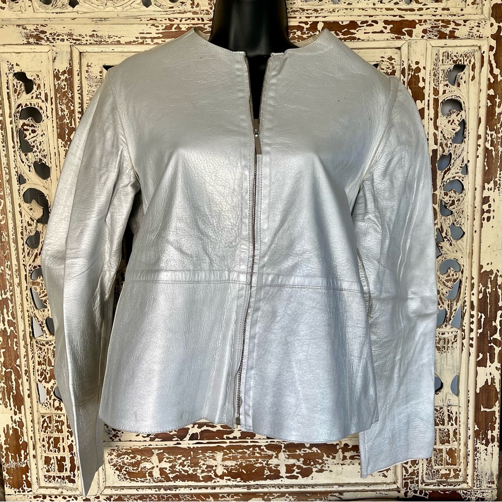 Salvatore Ferragamo Two Tone Reversible Metallic  
Leather Jacket